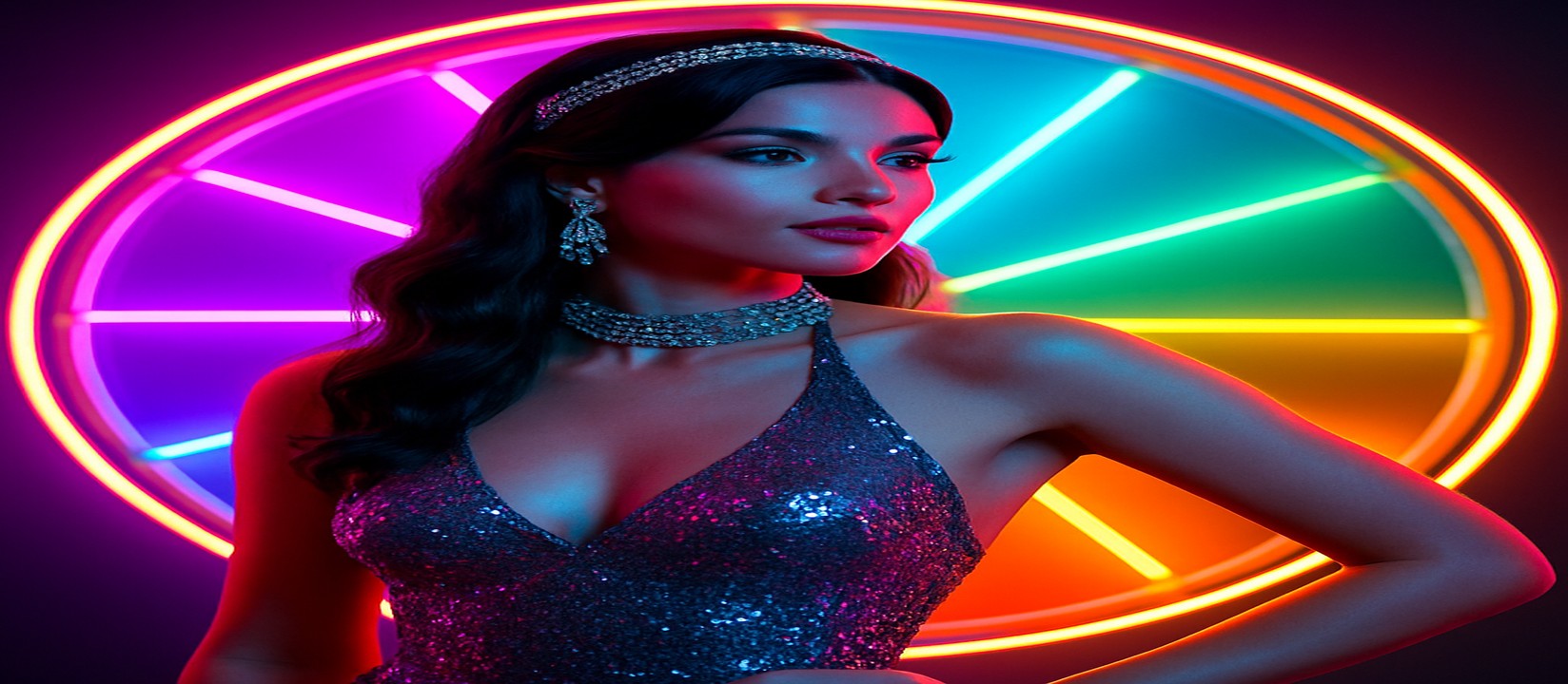 চাকার সামনে উজ্জ্বল পোশাকে এক নারী, একটি রঙিন গেমিং প্ল্যাটফর্ম